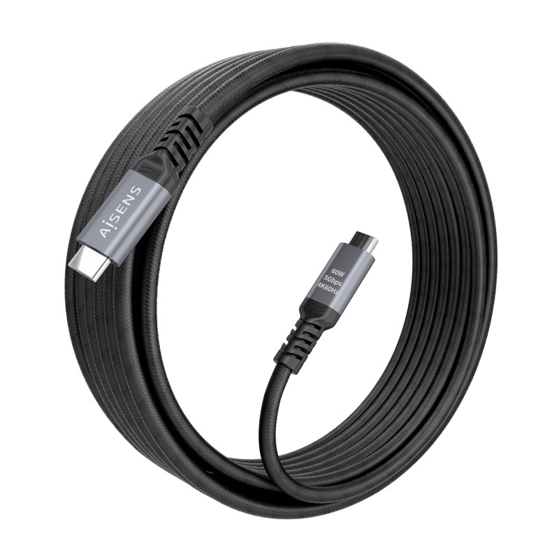 AISENS A107-0992 Cable USB 3.2 Gen1 Aluminio 5Gbps 4K@60Hz 3A 60W E-Mark, Tipo USB-C/M-USB-C/M, Negro, 10M, 10 m, USB C, USB C,