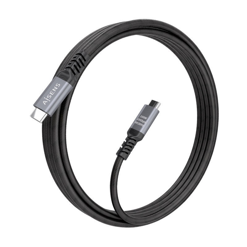 AISENS A107-0989 Cable USB 3.2 Gen2 Aluminio 10Gbps 8K@30Hz 5A 100W E-Mark, Tipo USB-C/M-USB-C/M, Negro, 4.0m, 4 m, USB C, USB