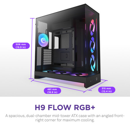 NZXT CM-H92FB-P1 H9 Flow RGB+, Midi Tower, PC, Negro, ATX, EATX, micro ATX, Mini-ITX, Malla, SGCC, Vidrio templado, Juego