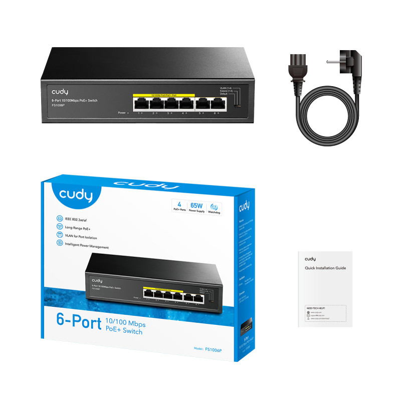 Cudy FS1006P FS1006P, Fast Ethernet (10/100), Bidireccional completo (Full duplex), Energía sobre Ethernet (PoE), Montaje en