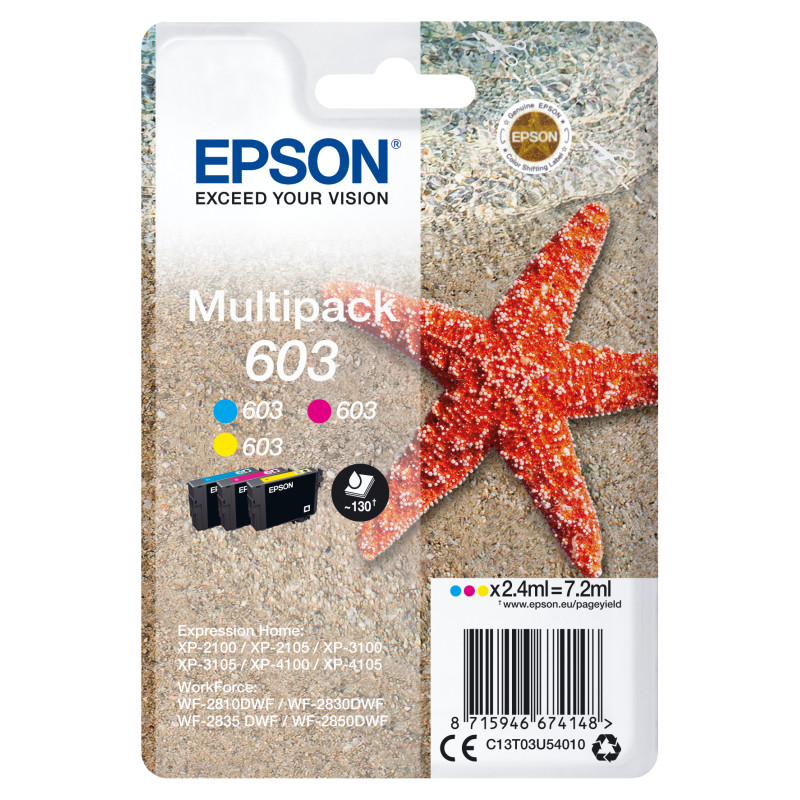 Epson C13T03U54020 Multipack 3-colours 603 Ink, Rendimiento estándar, Cian, Magenta, Amarillo, 2,4 ml, 1 pieza(s), 130