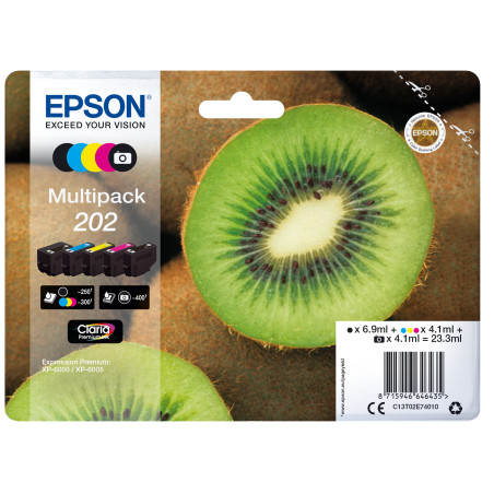 Epson C13T02E74020 Kiwi Multipack 5-colours 202 Claria Premium Ink, Rendimiento estándar, Negro, Foto negro, Cian, Magenta,
