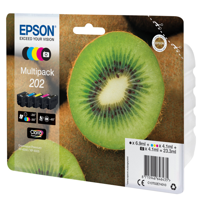 Epson C13T02E74020 Kiwi Multipack 5-colours 202 Claria Premium Ink, Rendimiento estándar, Negro, Foto negro, Cian, Magenta,