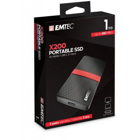 Emtec ECSSD1TX200 X200, 1 TB, USB Tipo C, 3.2 Gen 1 (3.1 Gen 1), 450 MB/s, Negro, Rojo