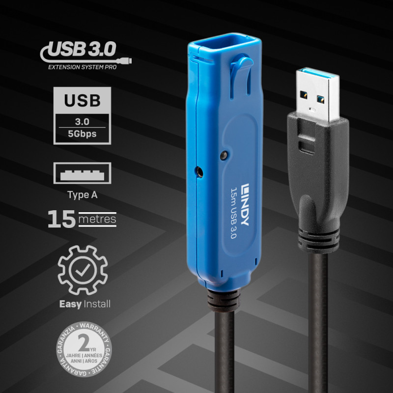 Lindy 43229 43229, 15 m, USB A, USB A, USB 3.2 Gen 1 (3.1 Gen 1), 5 Gbit/s, Negro
