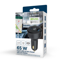 Gembird TA-UC-AC2PD65LCD-CAR-01 TA-UC-AC2PD65LCD-CAR-01, Auto, Encendedor de cigarrillos, Negro