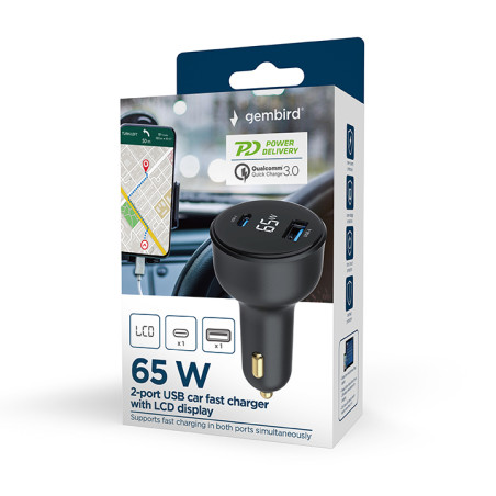 Gembird TA-UC-AC2PD65LCD-CAR-01 TA-UC-AC2PD65LCD-CAR-01, Auto, Encendedor de cigarrillos, Negro