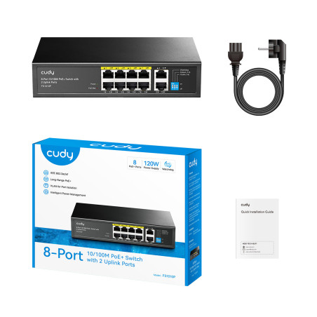 Cudy FS1010P FS1010P, Fast Ethernet (10/100), Bidireccional completo (Full duplex), Energía sobre Ethernet (PoE)