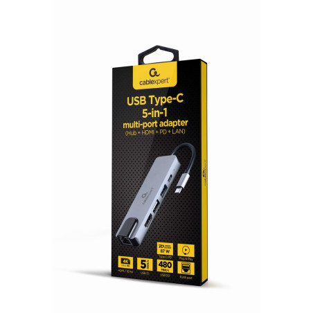 Gembird A-CM-COMBO5-04 A-CM-COMBO5-04, Alámbrico, USB 3.2 Gen 1 (3.1 Gen 1) Type-C, 87 W, 10,100 Mbit/s, Plata, 5 Gbit/s