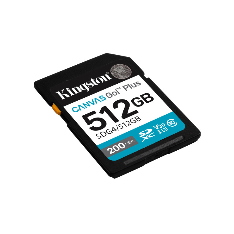 Kingston Technology SDG4/512GB Canvas Go! Plus 512GB SDXC Canvas Go Plus Gen4 200MB/s C10 UHS-I U3 V30, 512 GB, SDXC, Clase 10,