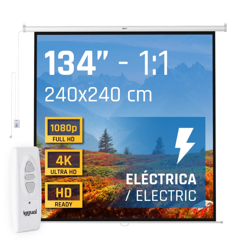 iggual PSIES240 Pantalla eléctrica 4:3 134" 240x240 cm, Motorizado, 3,39 m (133.5"), 2,4 m, 2,4 m, 1:1, Negro, Blanco