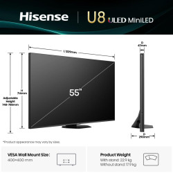 Hisense 20016080 55U8Q, 139,7 cm (55"), 3840 x 2160 Pixeles, ULED, Smart TV, Wifi, Negro 2