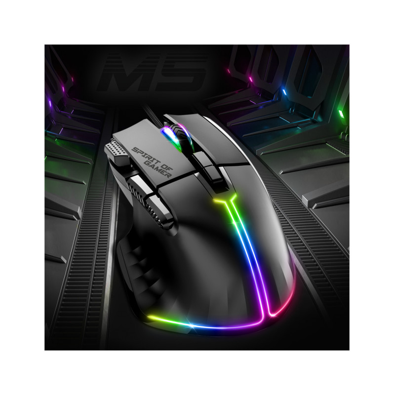 Spirit of Gamer S-PM5RGB PRO-M5, mano derecha, Óptico, USB tipo A, 12800 DPI, Negro