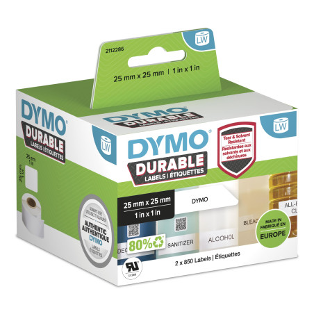 DYMO 2112286 LW auténticas etiquetas durables | 25mm × 25mm | 2 rollos de 850 etiquetas "White Poly" (1700 unidades) |