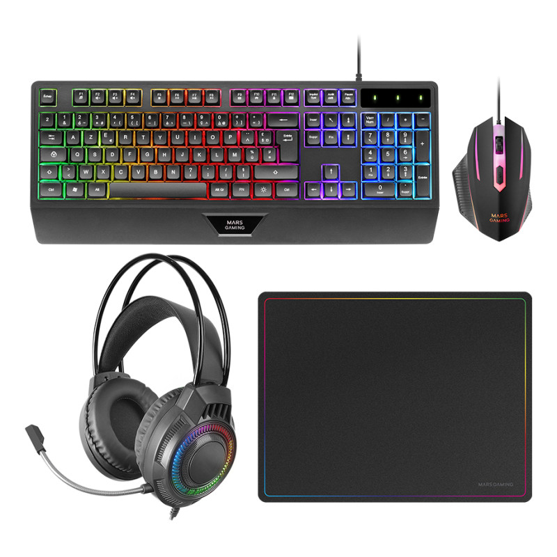 Mars Gaming MCP124PROFR MCP124PRO, Combo Gaming 4en1, Teclado RGB H-Mech con Reposamuñecas, Ratón RGB 3200DPI y Switches