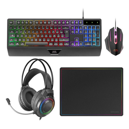 Mars Gaming MCP124PROFR MCP124PRO, Combo Gaming 4en1, Teclado RGB H-Mech con Reposamuñecas, Ratón RGB 3200DPI y Switches