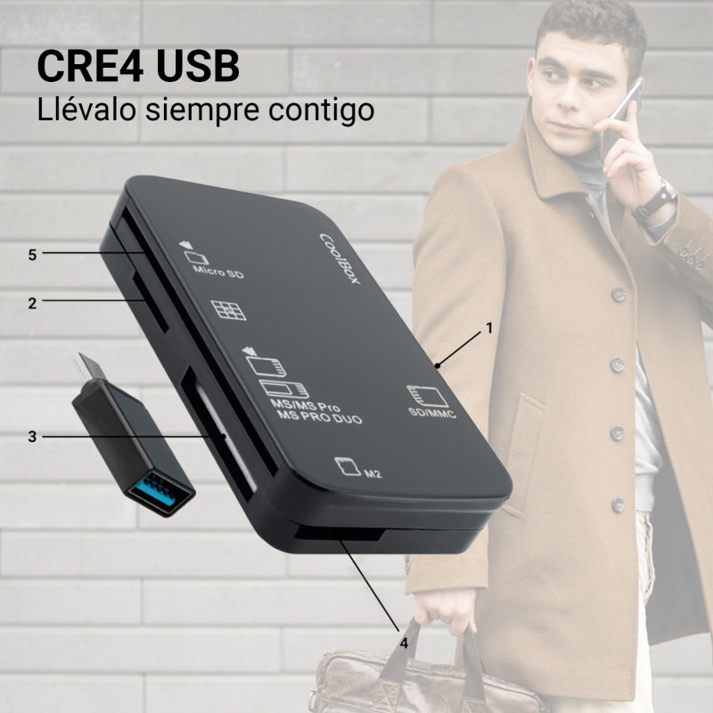 CoolBox COO-CRE-4AC LECTOR DE TARJETAS EXTERNO CRE4 + LECTOR DNIE + SIM + ADAPTADOR A USB-C, MMC, MS Micro (M2), MS PRO, MS PRO