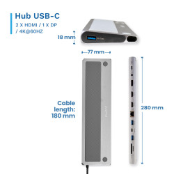 Ewent EW1150 EW1150, Alámbrico, USB 3.2 Gen 1 (3.1 Gen 1) Type-C, 4,5 W, 10,100,1000 Mbit/s, Aluminio, SD 2