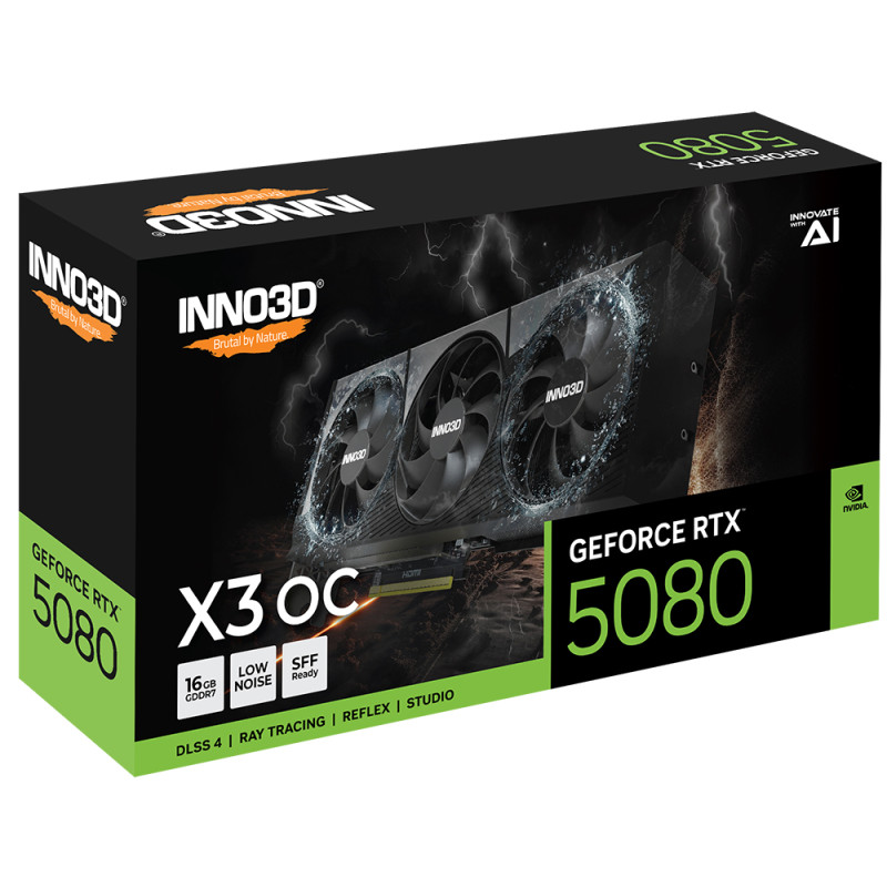 INNO3D N50803-16D7X-17603930 GeForce RTX 5080 X3 OS, GeForce RTX 5080, 16 GB, GDDR7, 256 bit, PCI Express 5.0, 3 Ventilador(es)