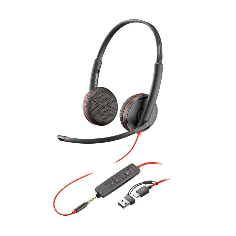 HP Poly 8X229A6 Auriculares Poly Blackwire 3225 estéreo USB-C + conector de 3,5 mm + adaptador USB-C/A (paquete), Alámbrico,