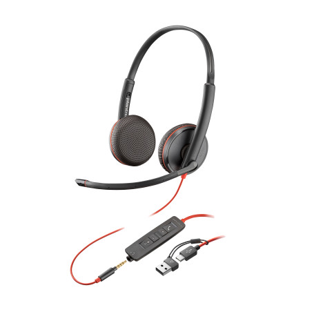HP Poly 8X229A6 Auriculares Poly Blackwire 3225 estéreo USB-C + conector de 3,5 mm + adaptador USB-C/A (paquete), Alámbrico,