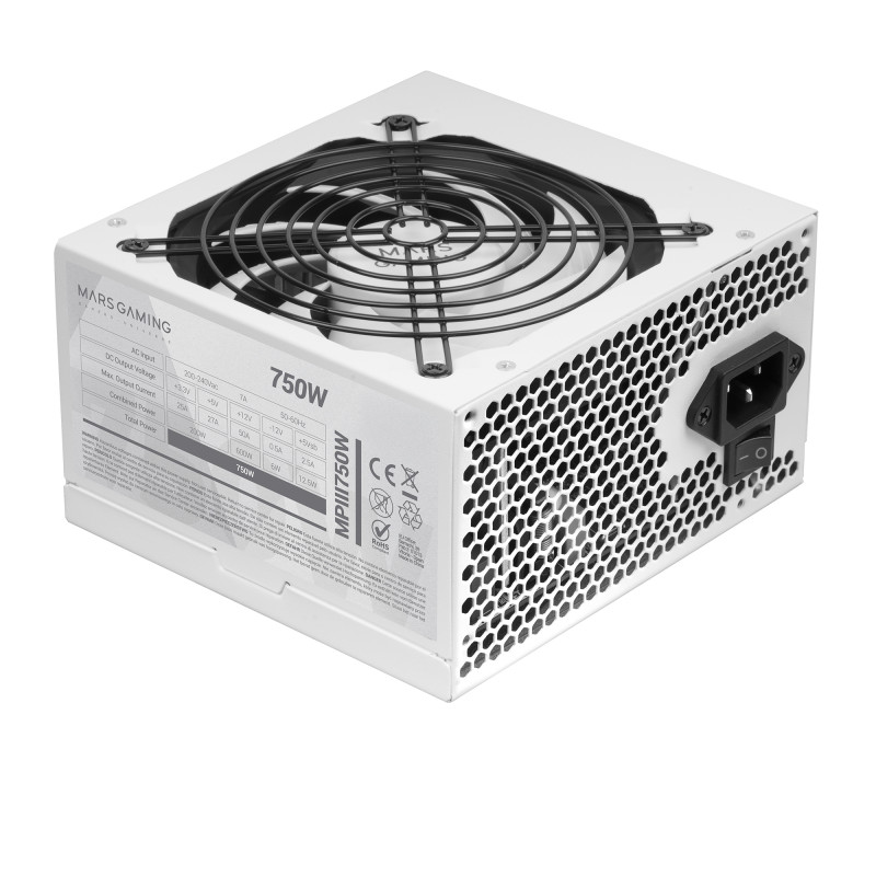 Mars Gaming MPIII750W MPIII750, Fuente Alimentación PC ATX 750W, 5 Años de Garantía, 85% Eficiencia, Sistema Digital APFC,