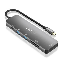 AISENS ASUC-6P016-GR USB-C Dock 6 EN 1, USB-C a 1xHDMI, 2xUSB-A, 1xUSB-C PD 100W, 1xSD, 1xMicro SD, Gris, 15cm, Alámbrico, USB