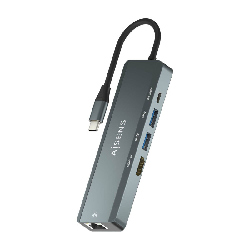 AISENS ASUC-5P011-GR USB-C Dock 5 en 1, USB-C a 1xHDMI, 1xRJ45, 2xUSB, 1xPD, Gris, 15 cm, Alámbrico, USB 3.2 Gen 1 (3.1 Gen 1)