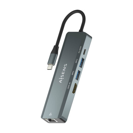 AISENS ASUC-5P011-GR USB-C Dock 5 en 1, USB-C a 1xHDMI, 1xRJ45, 2xUSB, 1xPD, Gris, 15 cm, Alámbrico, USB 3.2 Gen 1 (3.1 Gen 1)