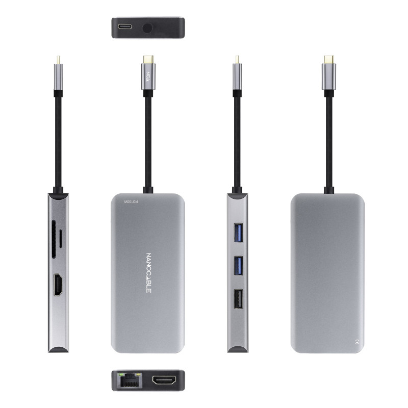 Nanocable 10.16.1009 HUB USB-C 9 en 1, Conversor USB-C a 3 x USB-A + 2 x HDMI + RJ45 + TF + SD + USB-C PD 100W, Aluminio, 15