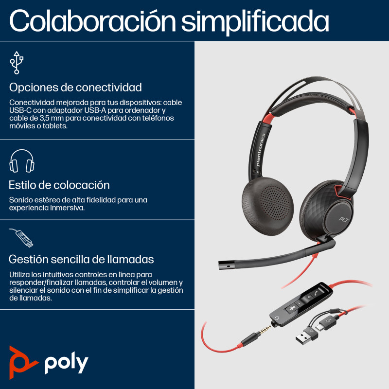 HP Poly 8X231AA Auriculares estéreo Poly Blackwire 5220 USB-C + Conector de 3,5 mm + Adaptador USB-C/A, Alámbrico,