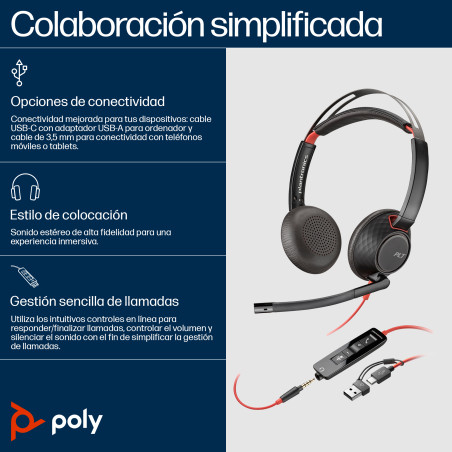 HP Poly 8X231AA Auriculares estéreo Poly Blackwire 5220 USB-C + Conector de 3,5 mm + Adaptador USB-C/A, Alámbrico,