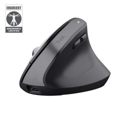 Trust 25146 Bayo+, mano derecha, Diseño vertical, Óptico, RF Wireless + Bluetooth, 2400 DPI, Negro