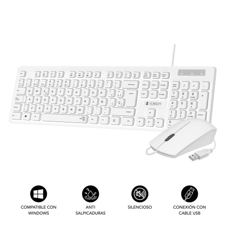 SUBBLIM SUBKBC-CSSK02 Teclado Ergonómico y ratón Combo Business Slim Silencioso con cable USB Blanco, Alámbrico, USB,