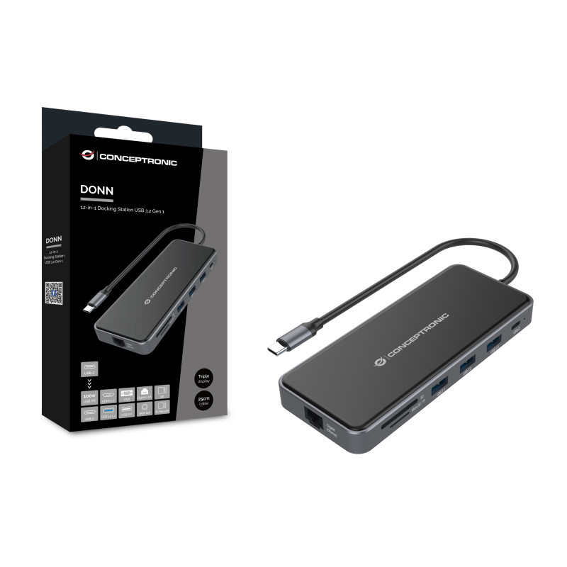 Conceptronic DONN15G DONN15G, Alámbrico, USB 3.2 Gen 1 (3.1 Gen 1) Type-C, 100 W, 1000 Mbit/s, Gris, MicroSD (TransFlash), SD