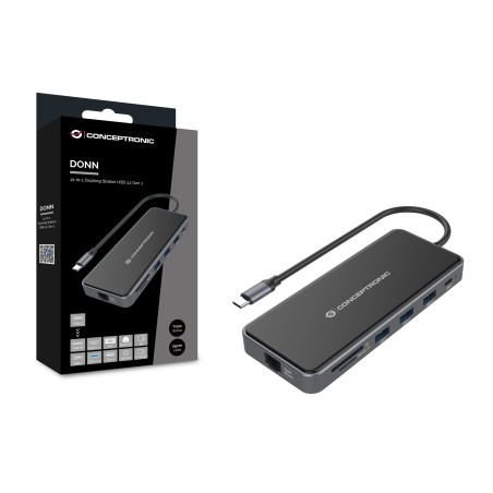 Conceptronic DONN15G DONN15G, Alámbrico, USB 3.2 Gen 1 (3.1 Gen 1) Type-C, 100 W, 1000 Mbit/s, Gris, MicroSD (TransFlash), SD