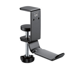 Ewent EW1585 Soporte de auriculares ajustable para escritorio, Clip para prendas de ropa, Aluminio, Silicona, 90 g, Negro