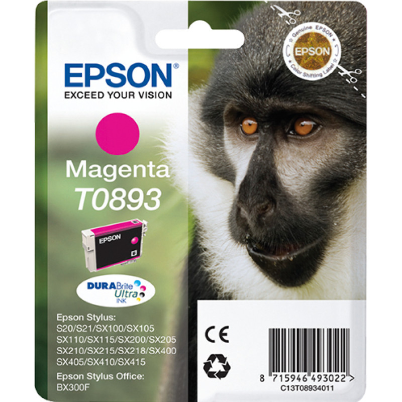 Epson C13T08934011 Monkey Tinta magenta T0893 DURABrite Ultra Mono, Magenta, Tinta a base de pigmentos, 3,5 ml, 1 pieza(s)