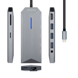 AISENS ASUC-9P001-GR USB-C Dock 9 en 1, USB-C a 1x HDMI, 1xRJ45, 3x USB, 1x PD, 1x Audio, 1x SD, 1x Micro SD, Gris, 15 cm,
