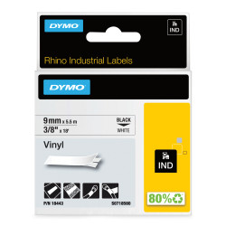 DYMO 18443 Rhino etiquetas industriales de vinilo | 9 mm x 5,5 m | de color negro sobre fondo blanco, Negro sobre blanco,