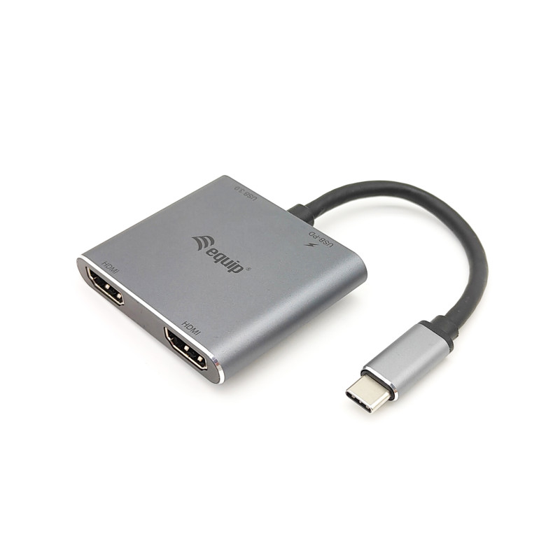 Equip 133484 Adaptador USB-C 4 en 1 Dual HDMI, USB 3.0, 100W USB PD, USB 3.2 Gen 1 (3.1 Gen 1) Type-C, Plata, 4K Ultra HD, 30