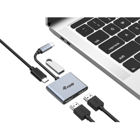 Equip 133484 Adaptador USB-C 4 en 1 Dual HDMI, USB 3.0, 100W USB PD, USB 3.2 Gen 1 (3.1 Gen 1) Type-C, Plata, 4K Ultra HD, 30