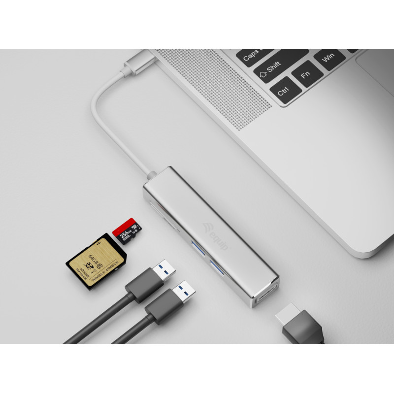Equip 133480 Adaptador multifunción USB-C 5 en 1, HDMI , USB 3.2 Gen 1 , TF/Micro SD, USB 3.2 Gen 1 (3.1 Gen 1) Type-C, Plata,