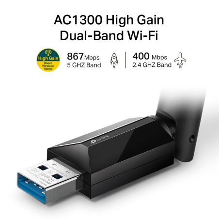 TP-Link ARCHER T3U PLUS Archer T3U Plus, Inalámbrico, USB, WLAN, Wi-Fi 5 (802.11ac), 867 Mbit/s, Negro