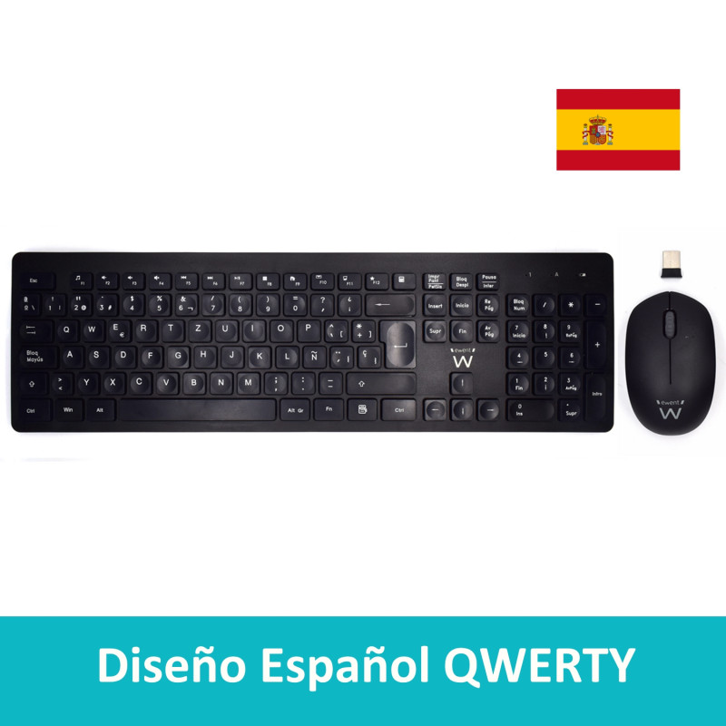 Ewent EW3256 EW3256, Inalámbrico, RF inalámbrico, Interruptor de membrana, QWERTY, Negro, Ratón incluido