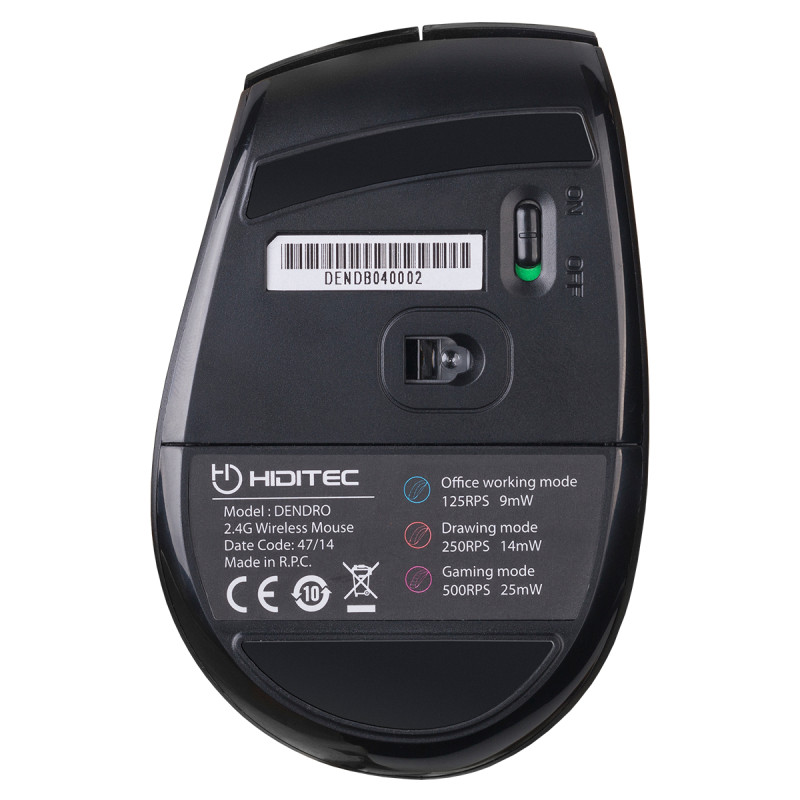 Hiditec MOU010002 Dendro, mano derecha, Óptico, RF inalámbrico, 2000 DPI, Negro