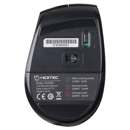 Hiditec MOU010002 Dendro, mano derecha, Óptico, RF inalámbrico, 2000 DPI, Negro