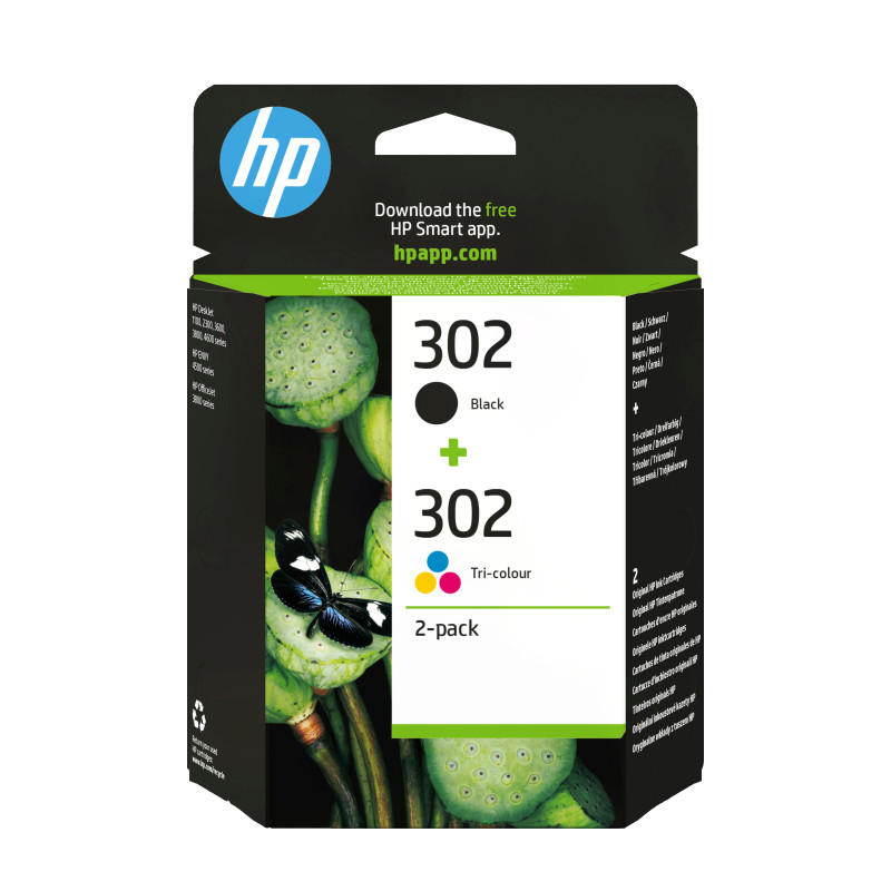 HP X4D37AE Paquete de ahorro de 2 cartuchos de tinta original 302 negro/tricolor, Estándar, Negro, Cian, Magenta, Amarillo,