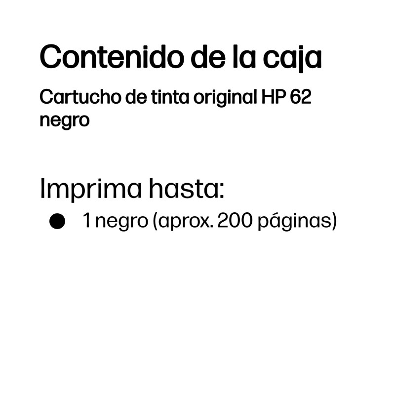 HP C2P04AE Cartucho de tinta original 62 negro, Estándar, Negro, Tinta a base de pigmentos, 4 ml, 1 pieza(s), 200 páginas