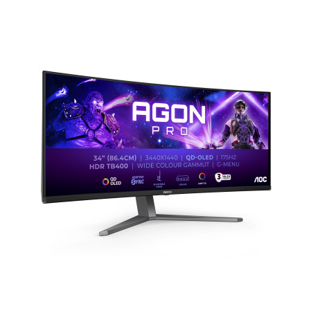 AOC AG346UCD AGON PRO AG346UCD, 86,4 cm (34"), 3440 x 1440 Pixeles, Wide Quad HD, QD-OLED, 0,03 ms, Negro, Gris